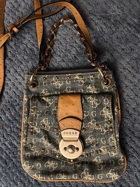 Vintage GUESS Blue Denim Monogram Crossbody with Tan Trim